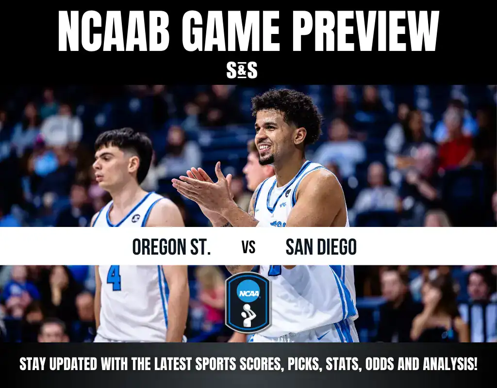 NCAA basketball game preview featuring Oregon State vs. San Diego, with players engaged and cheering in a packed arena.