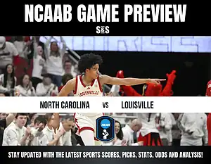Louisville player celebrates during the NCAAB game against North Carolina, with fans cheering in the background. Game preview graphic displayed.