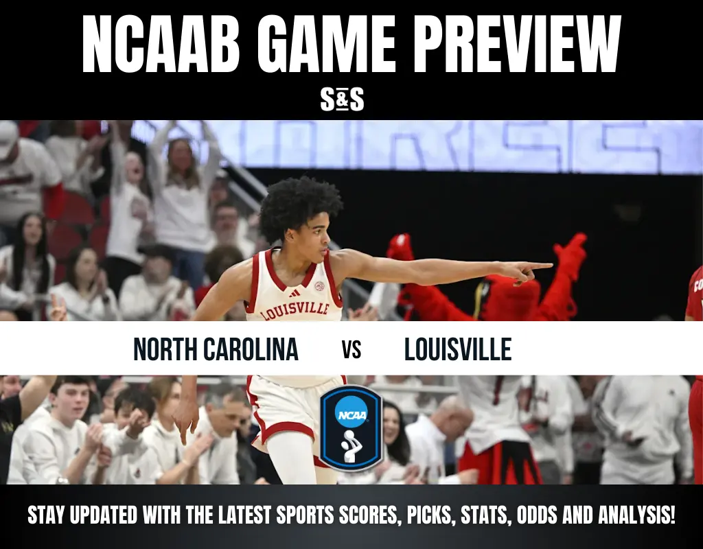 Louisville player celebrates during the NCAAB game against North Carolina, with fans cheering in the background. Game preview graphic displayed.