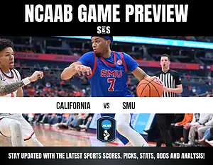 NCAAB game preview featuring California vs. SMU, showcasing players in action with a basketball and dynamic background elements.