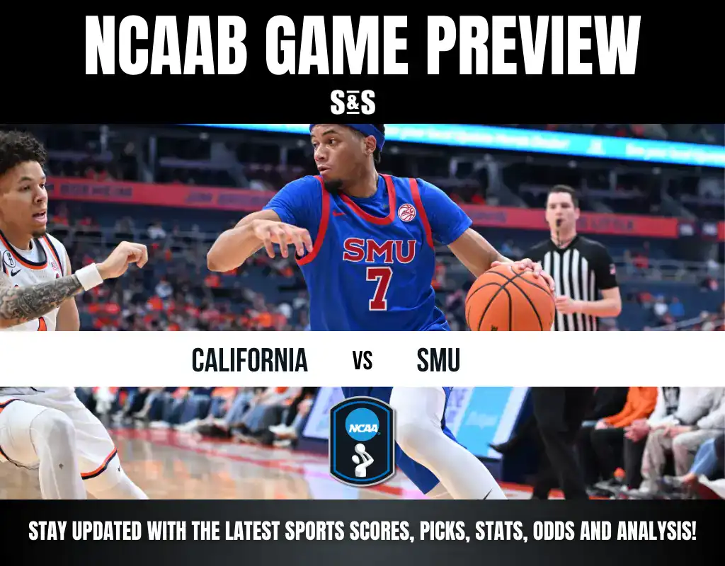 NCAAB game preview featuring California vs. SMU, showcasing players in action with a basketball and dynamic background elements.