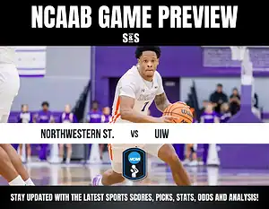 NCAA basketball game preview featuring Northwestern State vs. UIW, with a player dribbling the ball in a gymnasium setting.