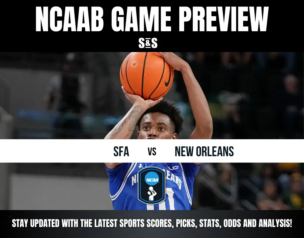 NCAA basketball game preview featuring SFA vs New Orleans, with a player preparing to take a shot.