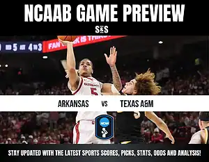 NCAAB game preview poster featuring Arkansas vs Texas A&M. An intense basketball scene shows a player in a white jersey jumping, holding the ball.