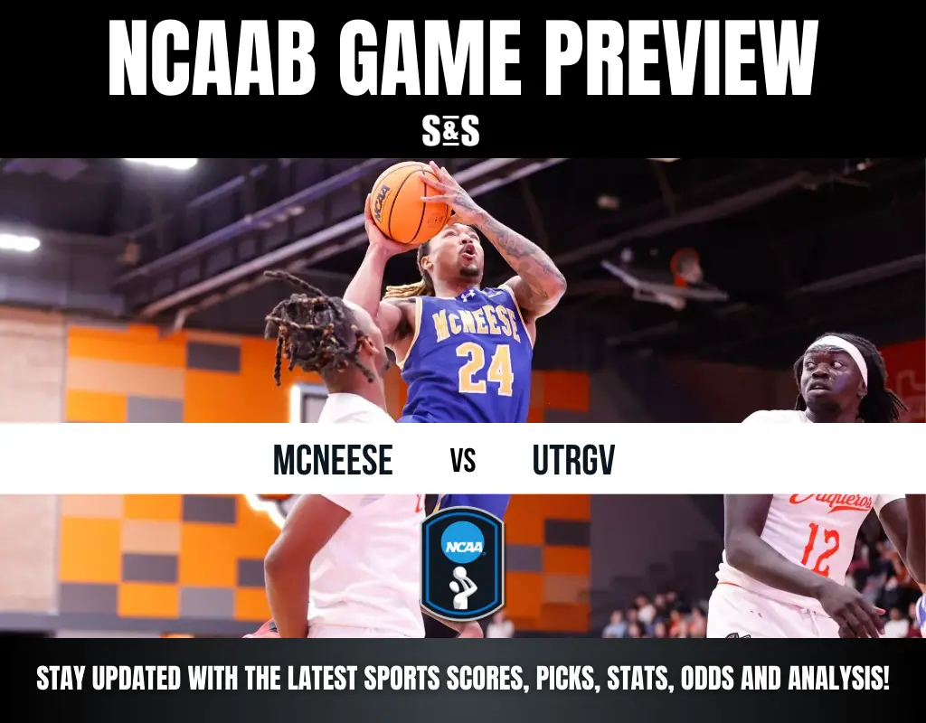 NCAAB game preview featuring McNeese vs. UTRGV. Players compete with a basketball in an indoor court setting.