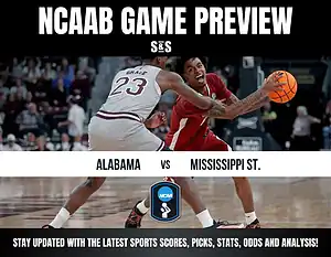 NCAAB game preview featuring Alabama vs Mississippi State. Two players in action on the court; intense competition, crowd blurred in background.