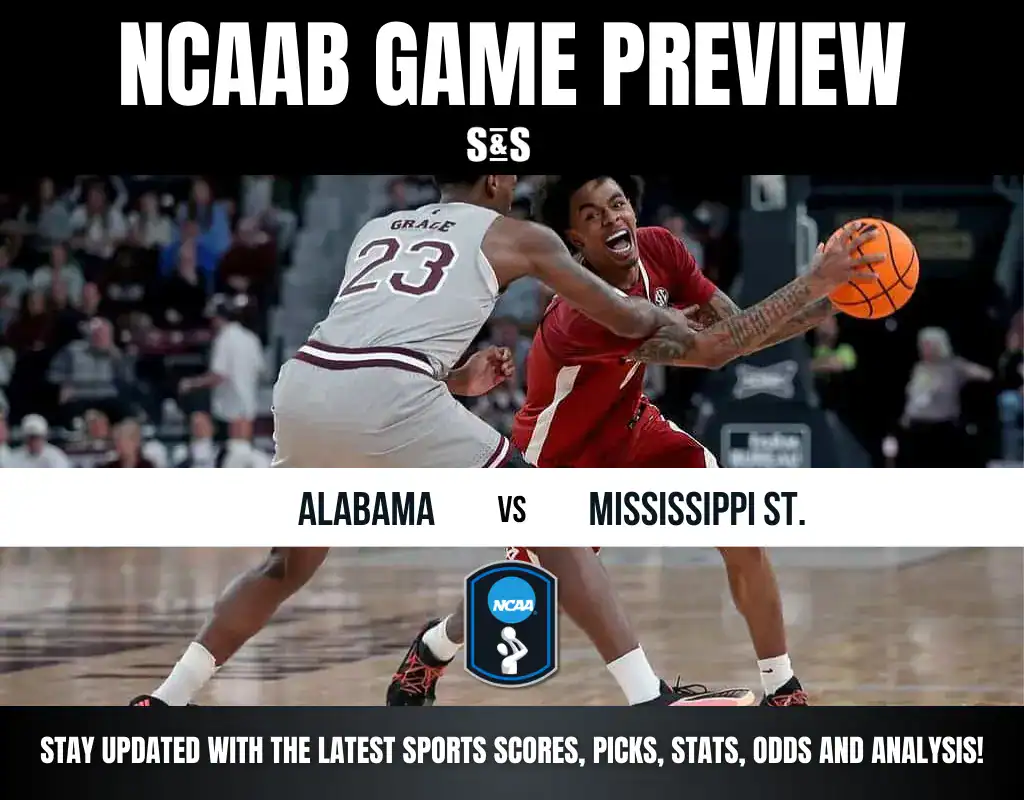 NCAAB game preview featuring Alabama vs Mississippi State. Two players in action on the court; intense competition, crowd blurred in background.