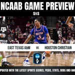 Basketball game preview graphic featuring East Texas A&M vs. Houston Christian. A player in blue dribbles, surrounded by opponents. Energetic and competitive tone.
