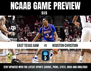 Basketball game preview graphic featuring East Texas A&M vs. Houston Christian. A player in blue dribbles, surrounded by opponents. Energetic and competitive tone.