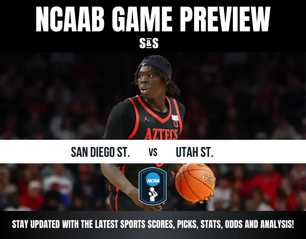 NCAA basketball game preview featuring San Diego State vs. Utah State, with a player in action and a basketball in hand.