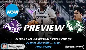 NCAAB picks and predictions preview graphic for Abilene Christian Wildcats vs Utah Valley Wolverines featuring both team logos, a matchup-themed background image, and the ScoresandStats logo.