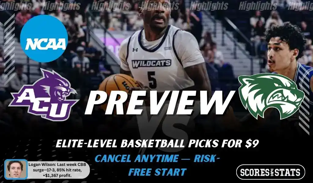 NCAAB picks and predictions preview graphic for Abilene Christian Wildcats vs Utah Valley Wolverines featuring both team logos, a matchup-themed background image, and the ScoresandStats logo.