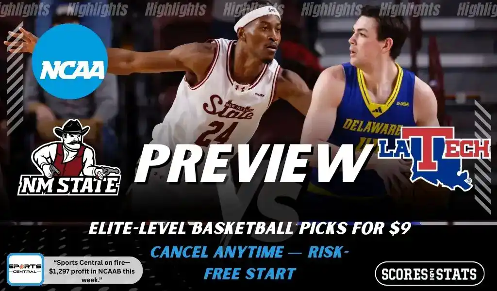 New Mexico State Aggies vs Louisiana Tech Bulldogs picks and predictions preview graphic for February 4, 2026, featuring both team logos, a “Preview” stats label, and New Mexico State Aggies basketball action in the background.