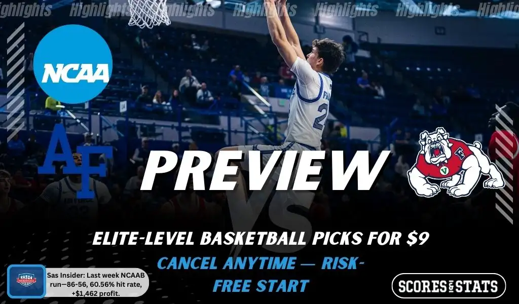 NCAAB preview graphic for Air Force Falcons vs Fresno State Bulldogs with both team logos, a matchup-themed background image, and the ScoresandStats logo.
