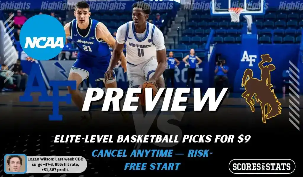NCAAB picks and predictions preview graphic for Air Force Falcons vs Wyoming Cowboys featuring both team logos, a matchup-themed background image, and the ScoresandStats logo.