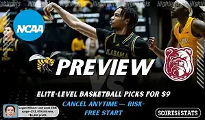NCAAB picks and predictions preview graphic for Alabama State Hornets vs Alabama A&M Bulldogs featuring both team logos, a rivalry-themed matchup background image, and the ScoresandStats logo.