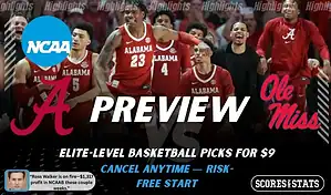 Alabama Crimson Tide vs. Ole Miss Rebels game preview graphic featuring both team logos, an Alabama basketball action background, and a ScoresAndStats “Preview” stats badge (February 11, 2026).
