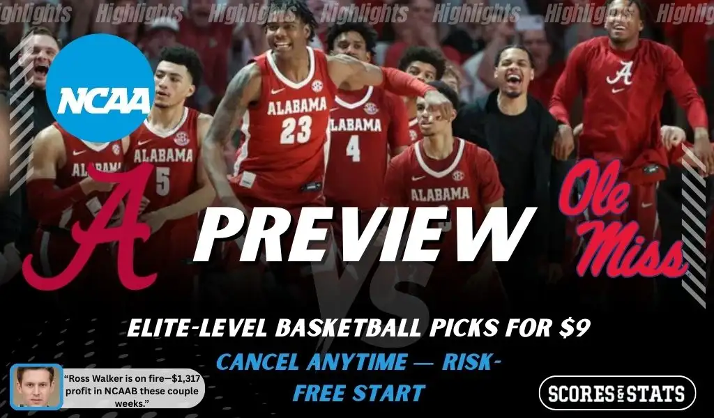 Alabama Crimson Tide vs. Ole Miss Rebels game preview graphic featuring both team logos, an Alabama basketball action background, and a ScoresAndStats “Preview” stats badge (February 11, 2026).