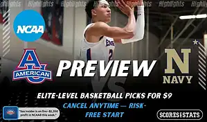 American Eagles vs Navy Midshipmen picks and predictions preview graphic for February 7, 2026, featuring both team logos, a “Preview” stats label, and American Eagles basketball action in the background.