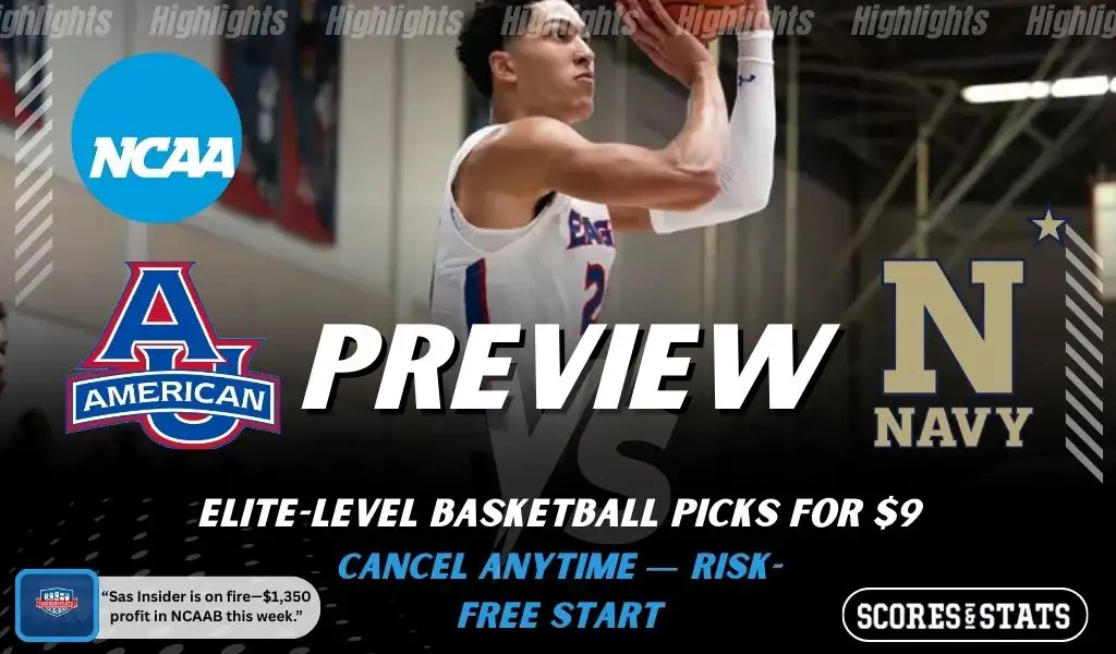 American Eagles vs Navy Midshipmen picks and predictions preview graphic for February 7, 2026, featuring both team logos, a “Preview” stats label, and American Eagles basketball action in the background.