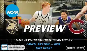 Army Black Knights vs Colgate Raiders preview graphic with both team logos, “Picks and Predictions” label, and Army Black Knights basketball action background (February 4, 2026).
