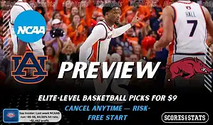 Auburn Tigers vs. Arkansas Razorbacks game preview graphic featuring both team logos, a “Preview” stats logo, and an Auburn Tigers college basketball action photo in the background.