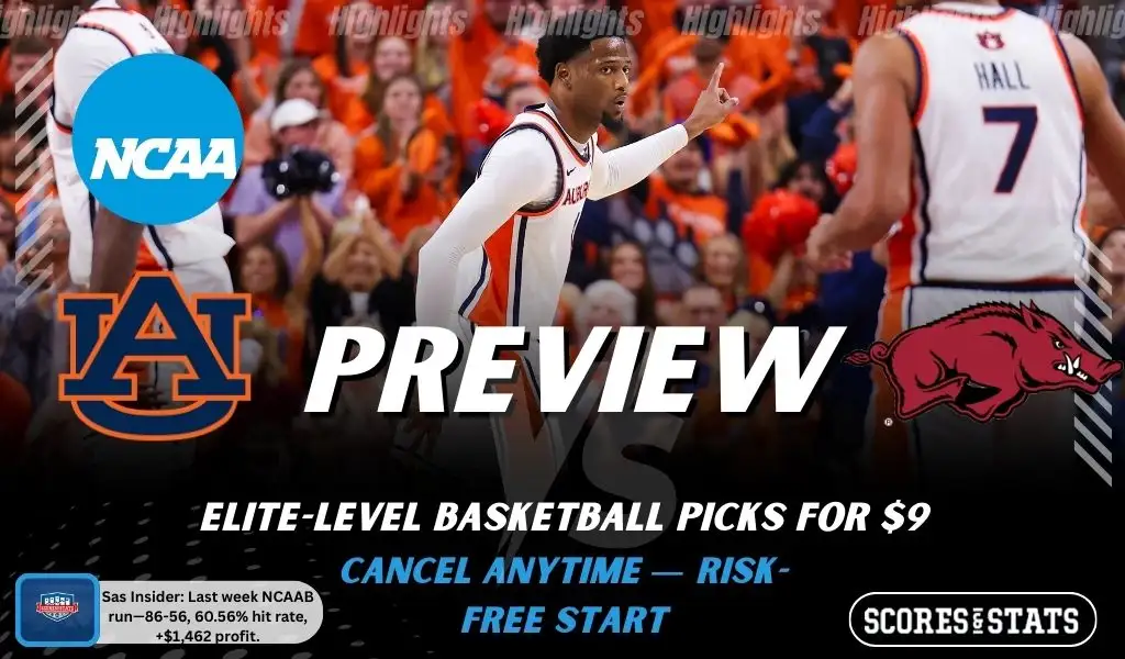Auburn Tigers vs. Arkansas Razorbacks game preview graphic featuring both team logos, a “Preview” stats logo, and an Auburn Tigers college basketball action photo in the background.