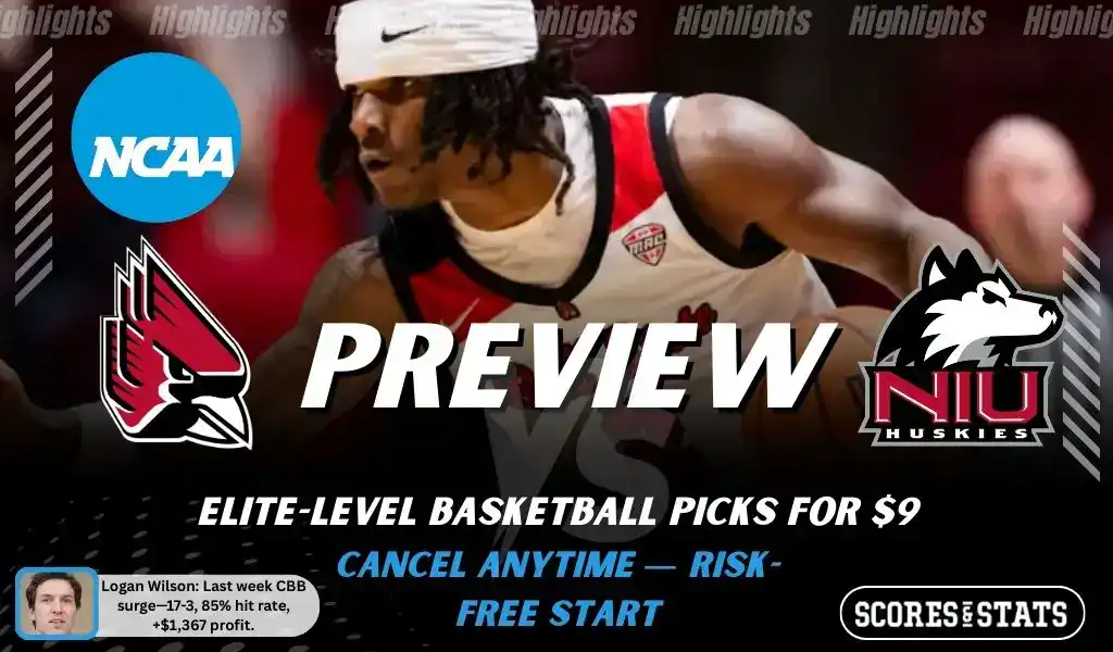 NCAAB picks and predictions preview graphic for Ball State Cardinals vs Northern Illinois Huskies featuring both team logos, a matchup-themed background image, and the ScoresandStats logo.