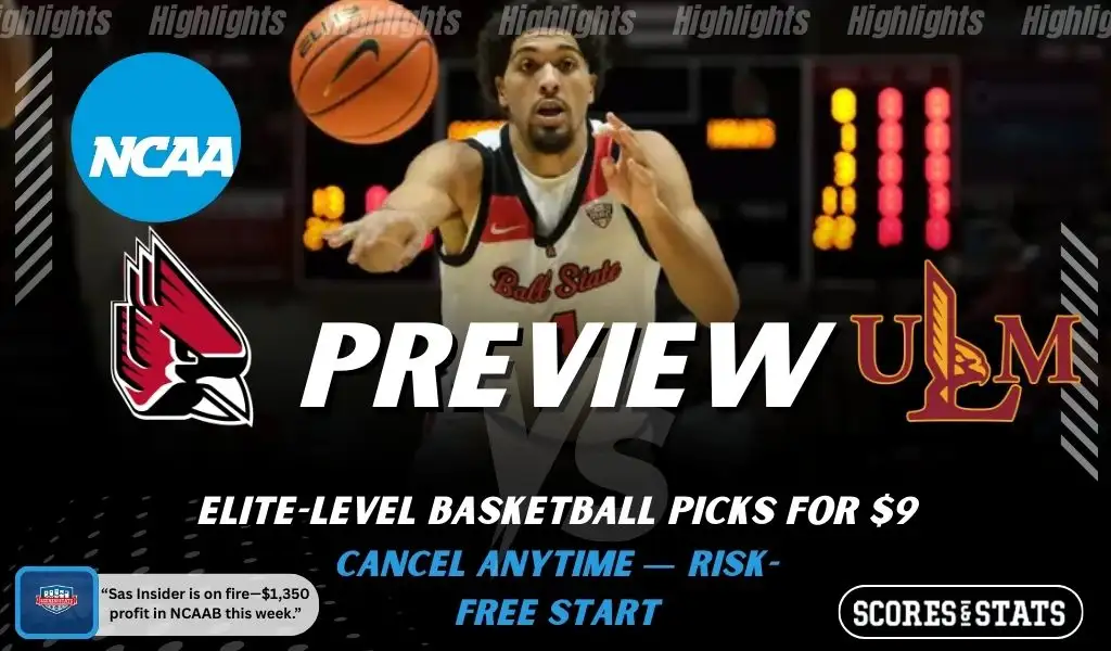Ball State Cardinals vs Louisiana-Monroe Warhawks picks and predictions preview graphic for February 7, 2026, featuring both team logos, a “Preview” stats label, and Ball State basketball action in the background.