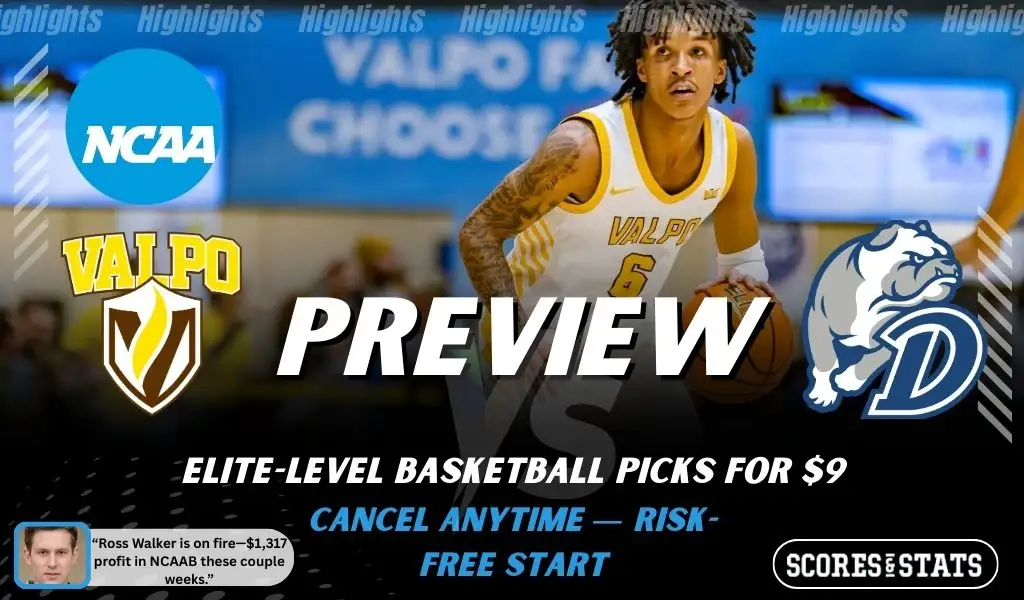 Valparaiso Beacons vs. Drake Bulldogs game preview graphic featuring both team logos, a Valparaiso basketball action background, and a ScoresAndStats “Preview” stats badge (February 9, 2026).