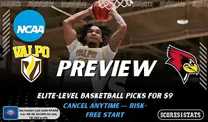 Valparaiso Beacons vs. Illinois State Redbirds game preview graphic featuring both team logos, a Valparaiso basketball action background, and a ScoresAndStats “Preview” stats badge (February 12, 2026).