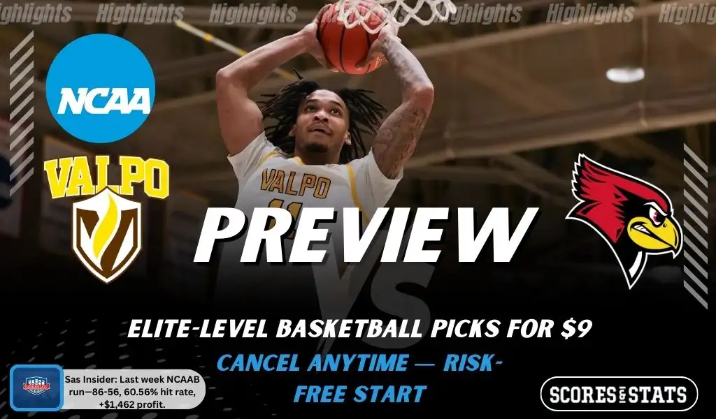 Valparaiso Beacons vs. Illinois State Redbirds game preview graphic featuring both team logos, a Valparaiso basketball action background, and a ScoresAndStats “Preview” stats badge (February 12, 2026).