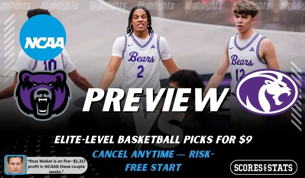 Central Arkansas Bears vs. North Alabama Lions game preview graphic featuring both team logos, a Central Arkansas basketball action background, and a ScoresAndStats “Preview” stats badge (February 9, 2026).