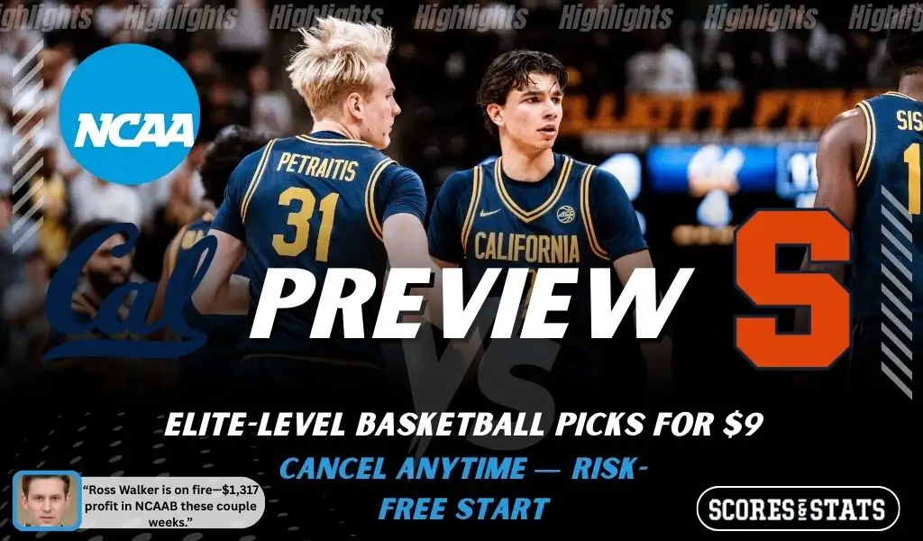 California Golden Bears vs. Syracuse Orange game preview graphic featuring both team logos, a California basketball action background, and a ScoresAndStats “Preview” stats badge (February 11, 2026).