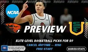 Oregon State Beavers vs. San Francisco Dons game preview graphic featuring both team logos, an Oregon State basketball action background, and a ScoresAndStats “Preview” stats badge (February 12, 2026).