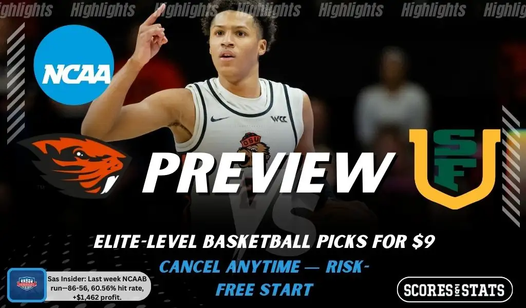 Oregon State Beavers vs. San Francisco Dons game preview graphic featuring both team logos, an Oregon State basketball action background, and a ScoresAndStats “Preview” stats badge (February 12, 2026).