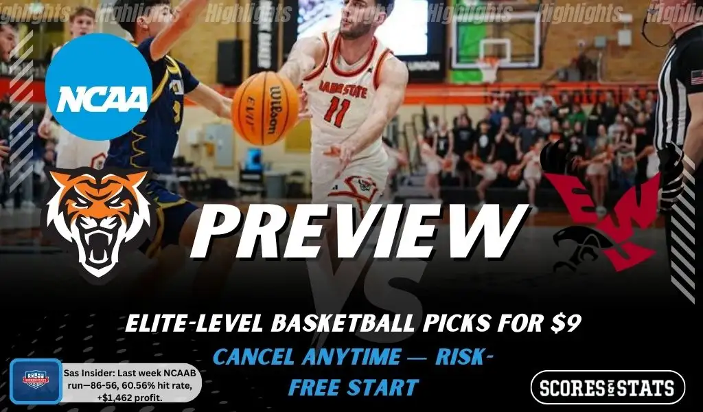 Idaho State Bengals vs. Eastern Washington Eagles game preview graphic featuring both team logos, an Idaho State basketball action background, and a ScoresAndStats “Preview” stats badge (February 12, 2026).