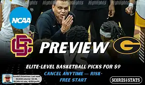 NCAAB picks and predictions preview graphic for Bethune-Cookman Wildcats vs Grambling State Tigers featuring both team logos, a matchup-themed background image, and the ScoresandStats logo.