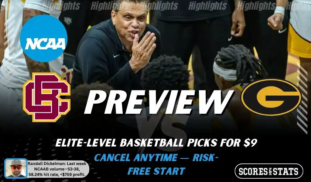 NCAAB picks and predictions preview graphic for Bethune-Cookman Wildcats vs Grambling State Tigers featuring both team logos, a matchup-themed background image, and the ScoresandStats logo.