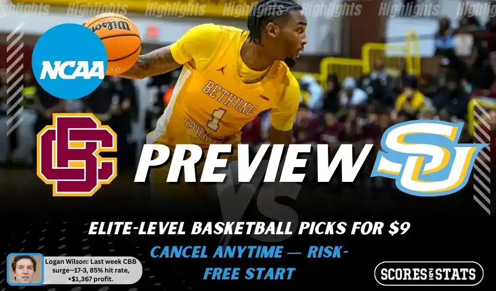 NCAAB picks and predictions preview graphic for Bethune-Cookman Wildcats vs Southern Jaguars featuring both team logos, a matchup-themed background image, and the ScoresandStats logo.