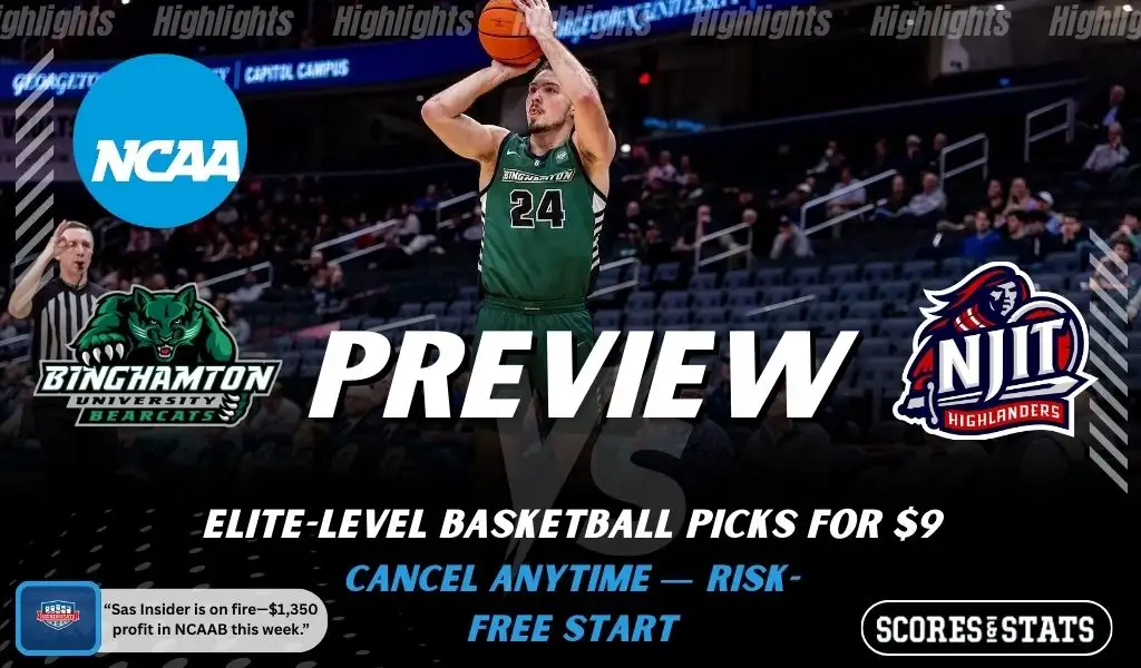 Binghamton Bearcats vs NJIT Highlanders picks and predictions preview graphic for February 7, 2026, featuring both team logos, a “Preview” stats label, and Binghamton basketball action in the background.