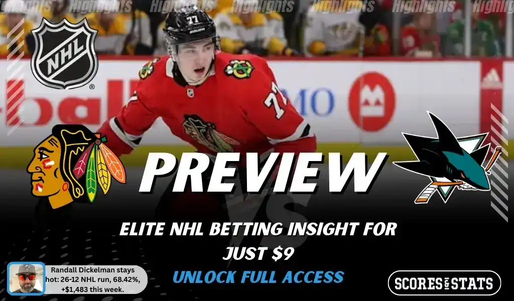 Chicago Blackhawks vs San Jose Sharks preview graphic with both team logos, “Picks and Predictions” label, and Chicago Blackhawks hockey action background (February 2, 2026).
