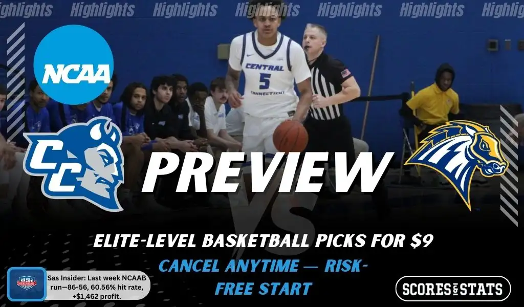 Central Connecticut State Blue Devils vs. New Haven Chargers game preview graphic featuring both team logos, a Central Connecticut State basketball action background, and a ScoresAndStats “Preview” stats badge (February 12, 2026).