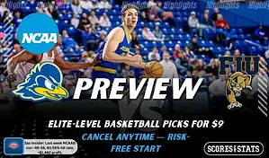 Delaware Fightin’ Blue Hens vs. Florida International Golden Panthers game preview graphic featuring both team logos, a Delaware basketball action background, and a ScoresAndStats “Preview” stats badge (February 12, 2026).