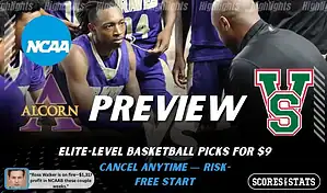 Alcorn State Braves vs. Mississippi Valley State Delta Devils game preview graphic featuring both team logos, an Alcorn State basketball action background, and a ScoresAndStats “Preview” stats badge (February 9, 2026).