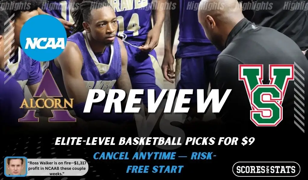 Alcorn State Braves vs. Mississippi Valley State Delta Devils game preview graphic featuring both team logos, an Alcorn State basketball action background, and a ScoresAndStats “Preview” stats badge (February 9, 2026).