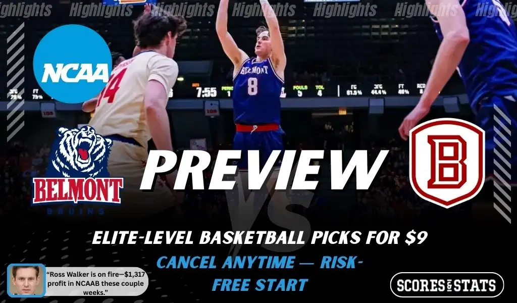 Belmont Bruins vs. Bradley Braves game preview graphic featuring both team logos, a Belmont basketball action background, and a ScoresAndStats “Preview” stats badge (February 9, 2026).