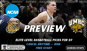 NCAAB picks and predictions preview graphic for Bryant Bulldogs vs UMBC Retrievers featuring both team logos, a matchup-themed background image, and the ScoresandStats logo.