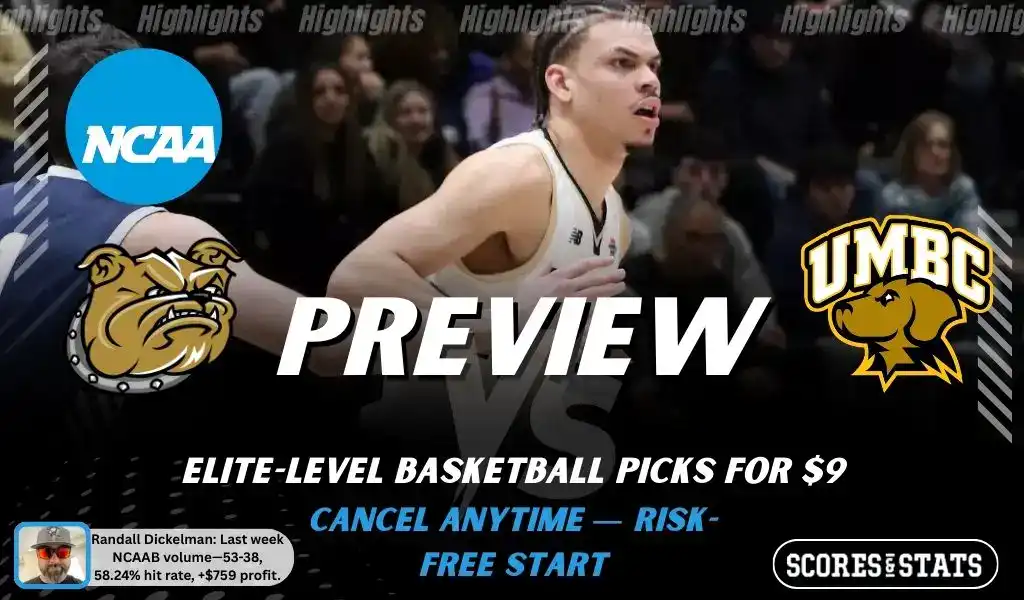 NCAAB picks and predictions preview graphic for Bryant Bulldogs vs UMBC Retrievers featuring both team logos, a matchup-themed background image, and the ScoresandStats logo.