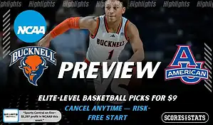 Bucknell Bison vs American Eagles preview graphic with both team logos, “Picks and Predictions” label, and Bucknell Bison basketball action background (February 4, 2026).